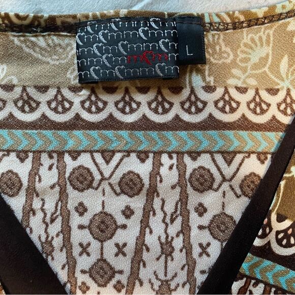 MCM Babydoll Sleeveless V-Neck Belted Tank Top Side Slits Y2K Size L Brown Teal - Picture 4 of 9